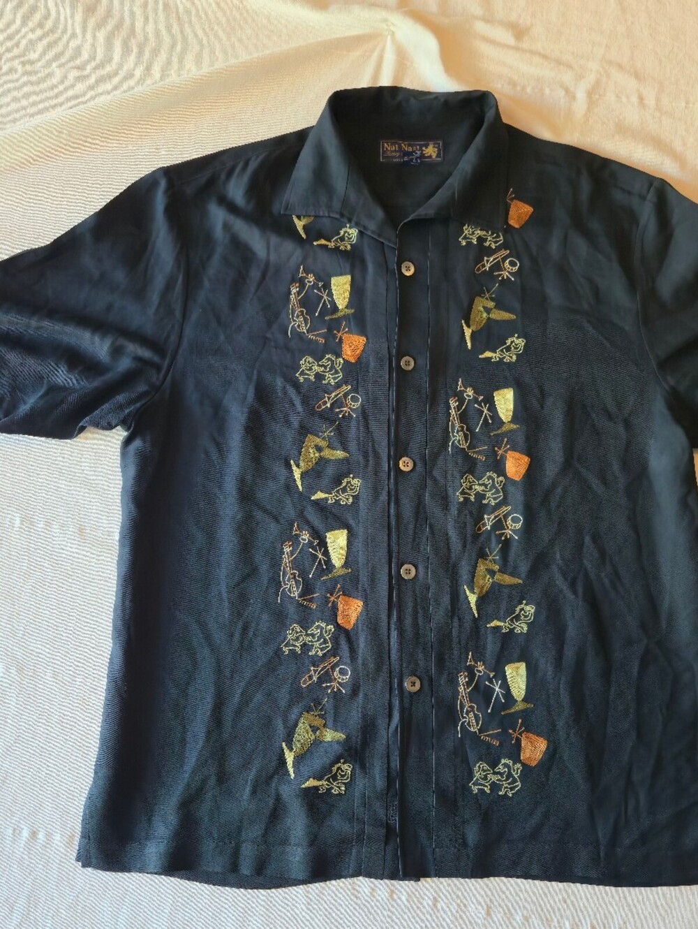 Nat Nast Luxury Originals Black Silk Embroidered Button-Up Shirt Large